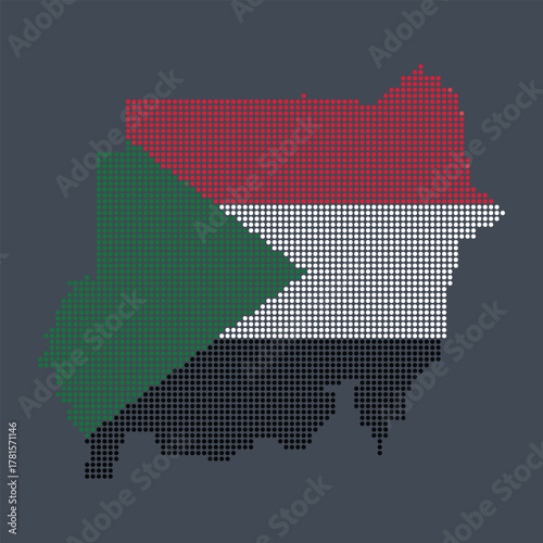Sudan map filled with the national flag pattern made of red white black and green dots