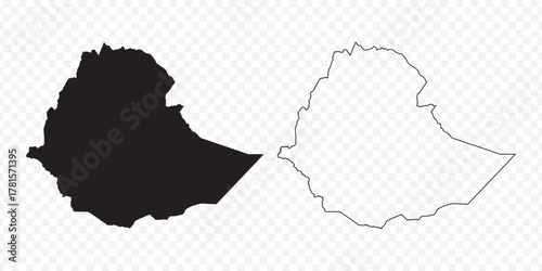 Ethiopia map set, detailed vector silhouettes and outline border on transparent background