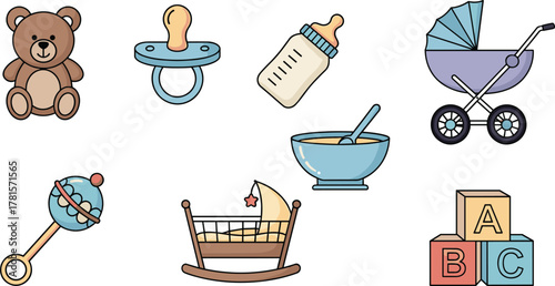 Baby care essentials, cartoon baby items, pacifier, teddy bear, baby bottle, stroller, cradle, rattle, baby bowl, ABC blocks