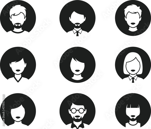 Avatar icons, black and white, diverse faces, user profiles, minimalist vector, character selection, digital identity, people, busts, portraits