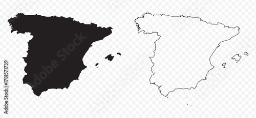 Detailed vector map of the Kingdom of Spain in solid black fill and outline versions