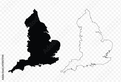 Detailed vector map of England UK in solid black fill and outline versions