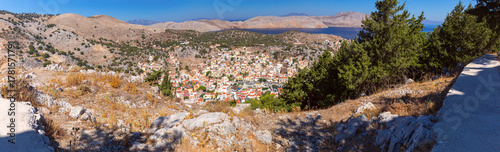 Panoramic view of Symi town from hillside, Symi, Greece