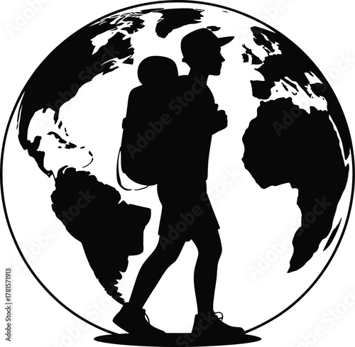 Backpacker exploring the world globe silhouette for travel and adventure