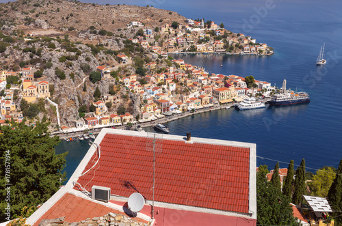 Panoramic view of Symi town from hillside, Symi, Greece