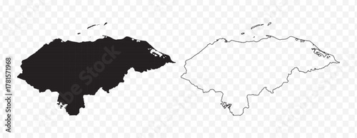 Detailed vector map of the Republic of Honduras in solid black fill and outline versions