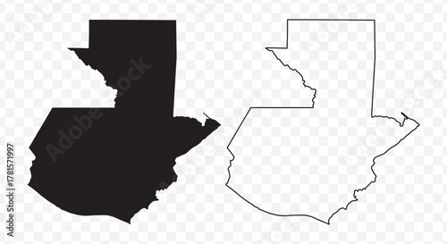 Detailed vector map of the Republic of Guatemala in solid black fill and outline versions