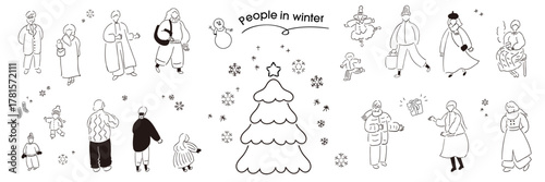冬の人々_家族,恋人,冬服,冬のファッション,クリスマス,年末年始_手描きイラスト｜Winter people_family, couple, winter clothes, winter fashion, Christmas, New Year holidays_hand-drawn illustration
