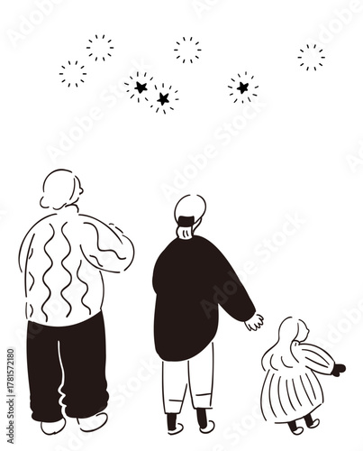 後ろ姿の家族_冬Ver,星空,手描きイラスト_線画｜ Family from Behind_Winter Version, Starry Sky, Hand-drawn Illustration_Line Art