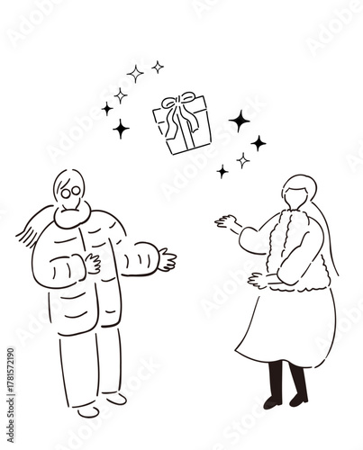 サプライズプレゼント_恋人,冬の贈り物,手描きイラスト_線画｜ Surprise Gift_Lovers, Winter Present, Hand-drawn Illustration_Line Art
