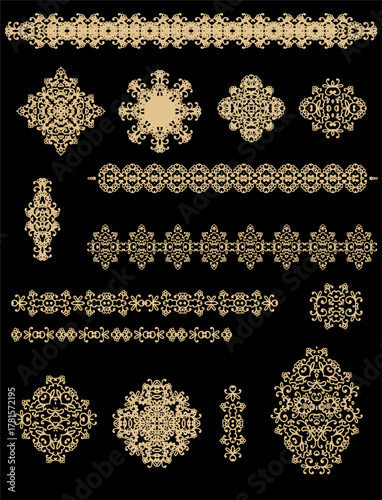 Set of golden decorative elements - ornamental rosettes, mandala, ornamental vector border ribbons, oriental style