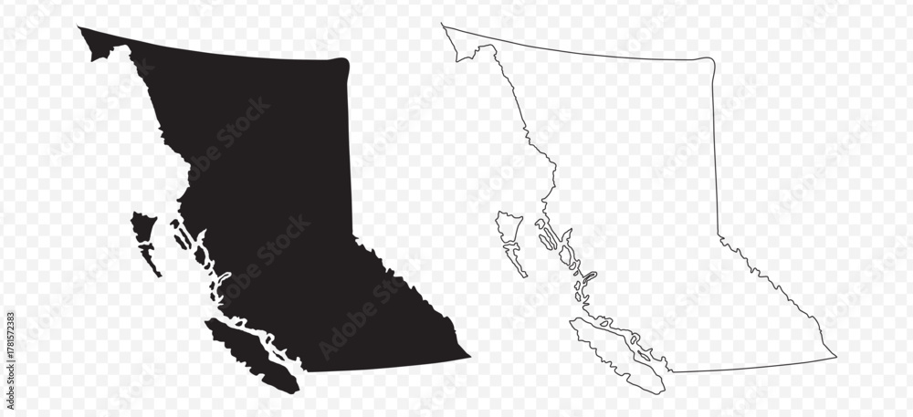 Fototapeta premium Vector map illustration of British Columbia, Canada, showing silhouette and outline sketch.