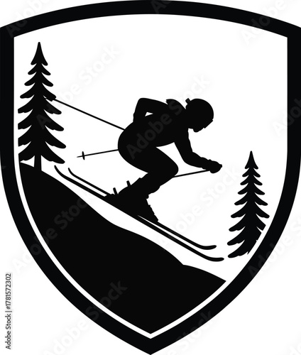 Dynamic downhill skier in a forest shield emblem silhouette