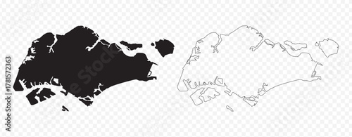 Vector map set showing solid black silhouette and outline of Singapore island nation