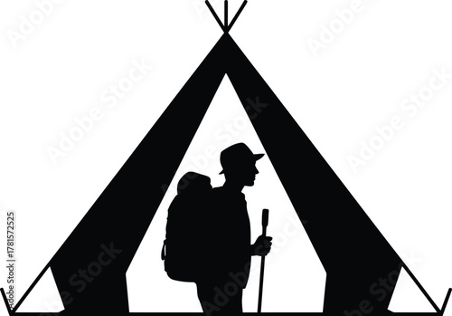 Silhouette of a hiker with a teepee tent and trekking poles