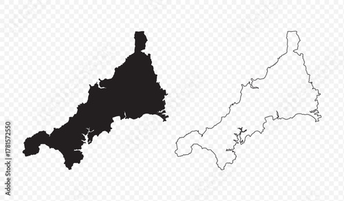 Vector map illustration of Cornwall, England, UK, showing silhouette and outline sketch.