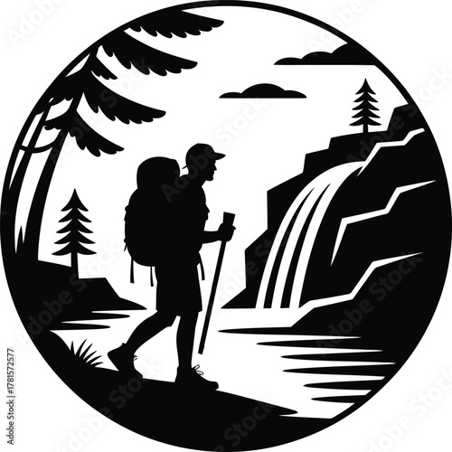 Silhouette of a hiker by a waterfall in a forest with a river enclosed in a circle icon