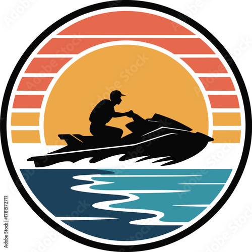 Retro jet ski silhouette at sunset over the water logo design