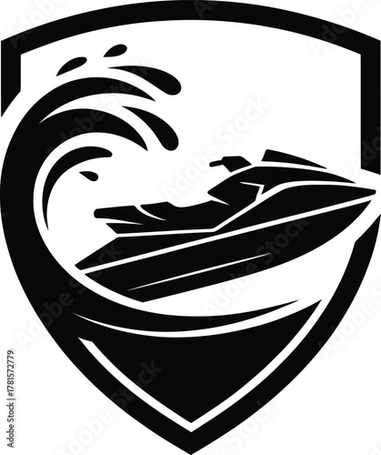 Dynamic jet ski wave shield emblem silhouette design