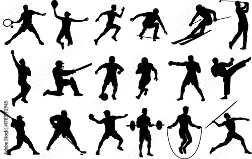 Dynamic Multi-Sport Player Silhouette Set with Football, Basketball, Tennis, and More
