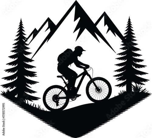 Dynamic mountain biker silhouette against forest peaks adventure banner