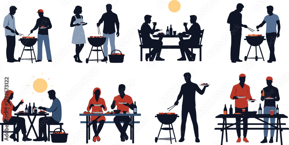 Naklejka premium Barbecue, grill, outdoor, cooking, picnic, food, friends, family, summer, gathering, eating, celebration, party, social, leisure, dining, meat, drink, fun, lifestyle