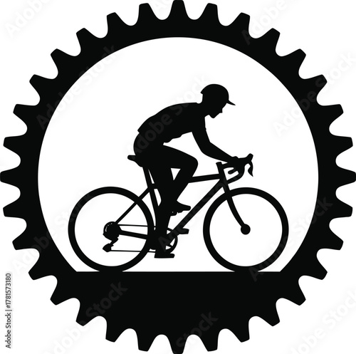 Dynamic road biker silhouette with sprocket and gear elements for sports branding