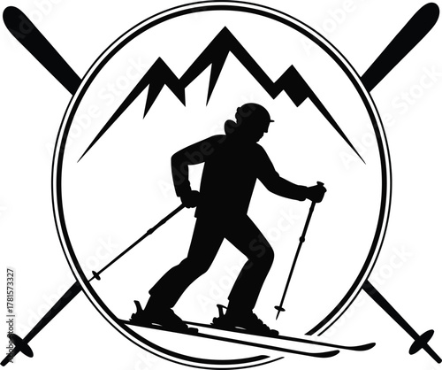 Silhouette of a skier with crossed poles against a mountainous backdrop within a circle