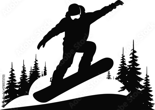 Snowboarder mid air jump over forest trees silhouette