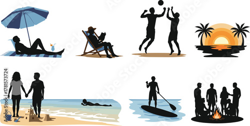 Beach activity illustration, summer vacation, relaxing, swimming, volleyball, campfire, sunset, couple walking, ocean fun, colorful vector, coastal lifestyle