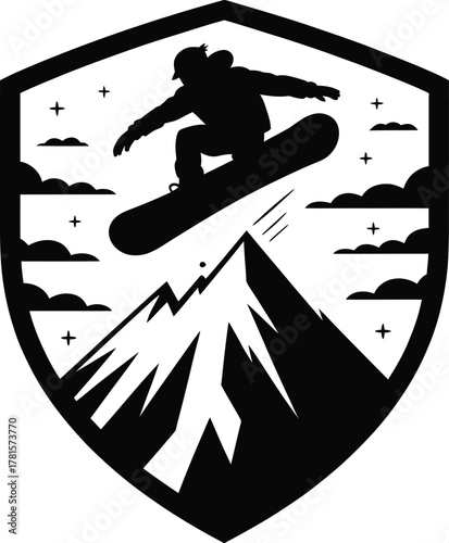 Dynamic snowboarder mountain jump shield logo silhouette design