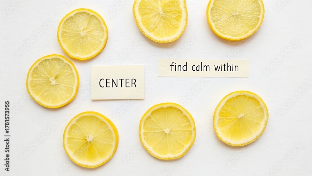 Fototapeta premium Fresh Lemon Slices Arranged with Inspirational Words for Calmness and Centering in Minimalist Setting