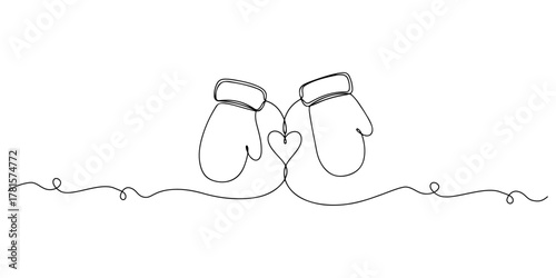 Continuous one line of a pair of gloves connected by a rope forming a heart, style hand drawing vector illustration.