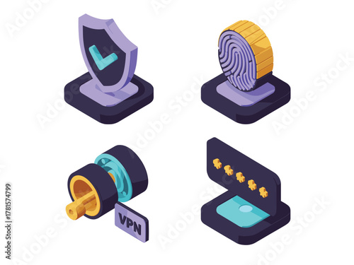  Isometric Cyber Security Icons Set Shield, Fingerprint Scan, VPN Tunnel, and Password Protection Vector Illustration.