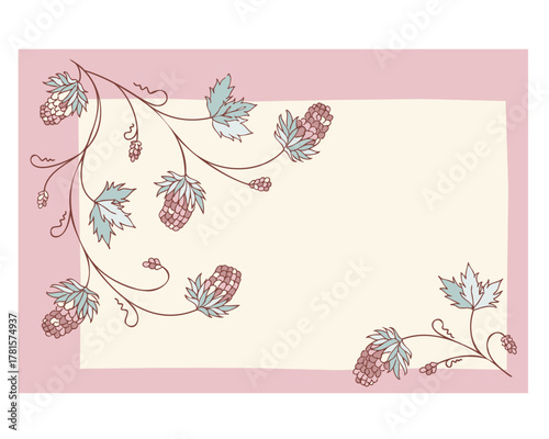 いちごとの蔓イラスト　フレーム　コミュニケーションカード　装飾　文具　雑貨　背景　付箋　便箋　空白　ベクター　一言添える　紙　デザイン　明るい　