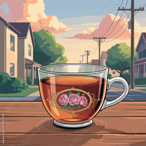 Tea, cup, and teapot on the table, a hot beverage for a healthy breakfast