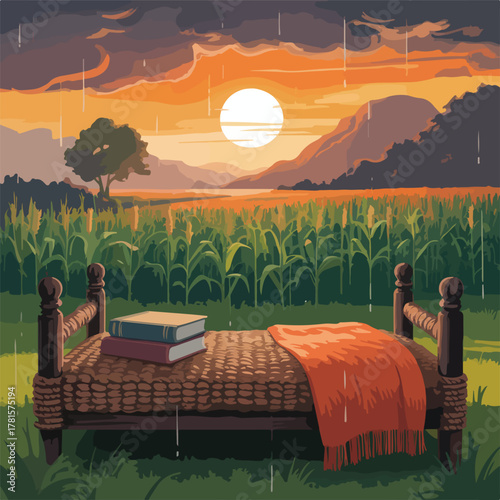 A vibrant cartoon vector illustration of a summer country landscape with a picnic table, tree, grass field, and sunny sky