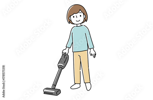 スティック型掃除機をかける女性