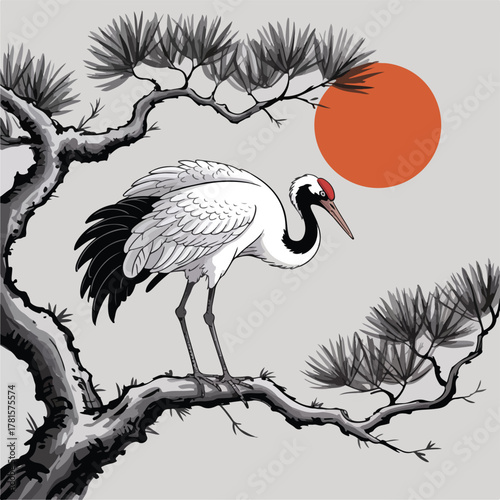 A vector illustration of black bird silhouettes on a tree branch, featuring a prominent heron and crane, captures the wild nature