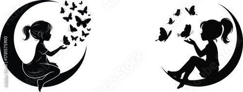 Girl Silhouette Sitting on Moon with Butterflies Vector Graphic: Fantasy Dream and Fairy Tale Clipart
