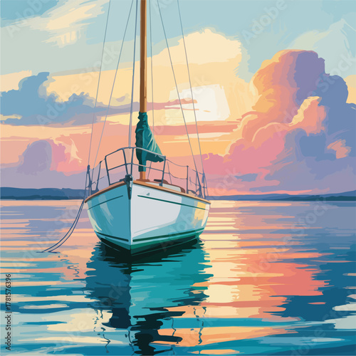 A majestic sailboat glides across the serene ocean horizon as the summer sunset paints the sky