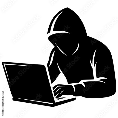 Hooded scammer working on laptop silhouette. Anonymous cybercriminal or programmer at computer. 
