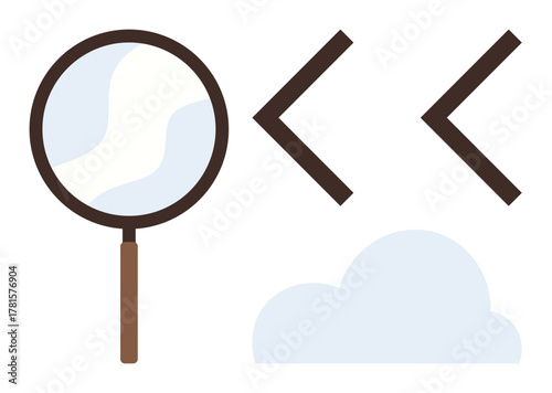 Magnifying glass, two directional arrows, and a stylized cloud. Ideal for search, exploration, navigation, discovery, problem-solving, innovation learning simple flat metaphor