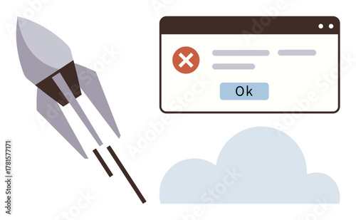 Rocket soaring upward, error message popup with red cross and Ok button, and minimal cloud. Ideal for failure, troubleshooting, innovation challenges, technical issues, startup struggles