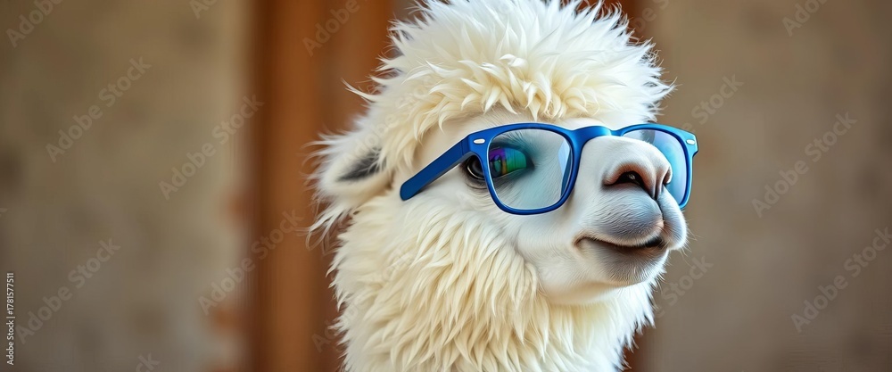 Obraz premium A fluffy white llama wearing stylish blue glasses, cute, farm animal