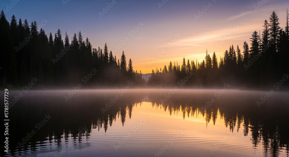 Fototapeta premium Golden Sunrise Reflects On A Misty Lake Framed By A Dark Forest Evoking A Serene Ambiance