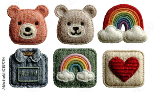 Colorful Embroidered Patches Featuring Bear, Rainbow, and Heart Designs