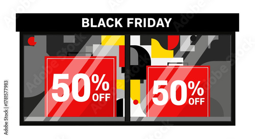 Black Friday Store Window with 50% Off Signs - Flat Vector Illustration