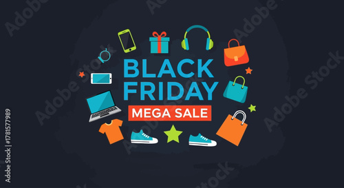 Black Friday Mega Sale Banner with Floating Product Icons - Flat Design