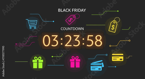 Black Friday Countdown Timer Poster with Shopping Icons - Flat Design